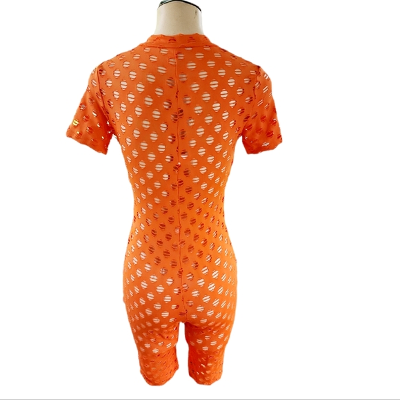Orange Fishnet Zip Front Romper Size Small - Picture 4 of 5